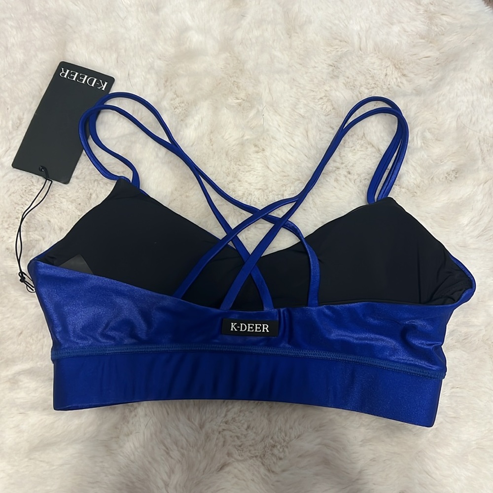 K-DEER Hi-Luxe Polished Criss Cross Sports Bra in Bright Royal Blue, Size Small - Picture 3 of 4